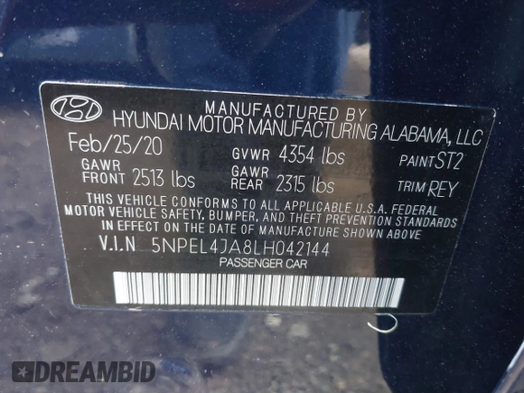 2020 Hyundai Sonata SEL z VIN 5NPEL4JA8LH042144, wystawiony jako IAAI lot #41543947 z przebiegiem 62 202 mil mil oraz . Historia ofert i sprzedaży dostępna na DreamBid. Obrazek 9.