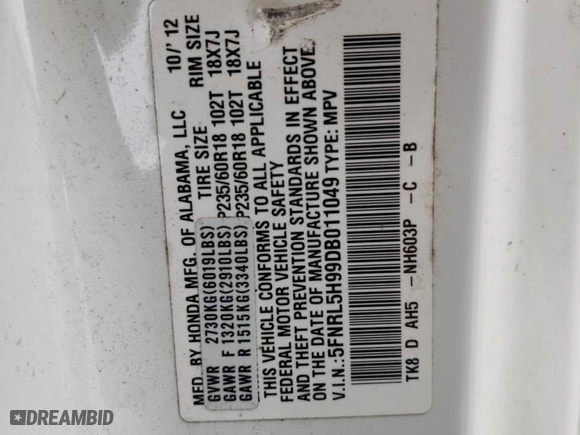 2013 Honda Odyssey Touring with VIN 5FNRL5H99DB011049, listed as a Copart auction lot 50626405 with 159,784 mi miles and Salvage Title. Bid and sale history available at carsss.com. Image 12.