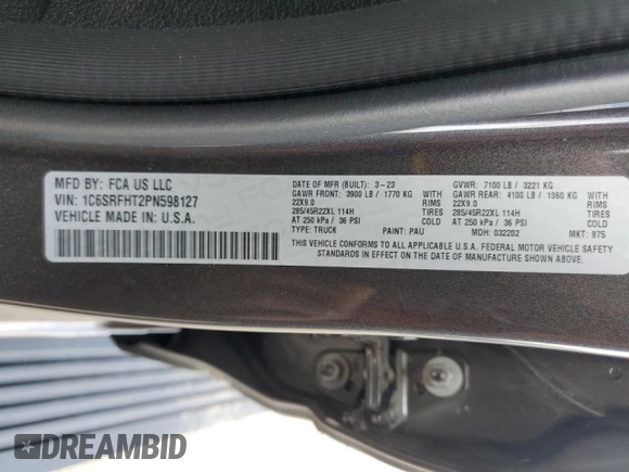 2023 Ram 1500 Limited with VIN 1C6SRFHT2PN598127, listed as a Copart auction lot 49065505 with 31,761 mi miles and Salvage title. Bid and sale history available at DreamBid. Image 14.