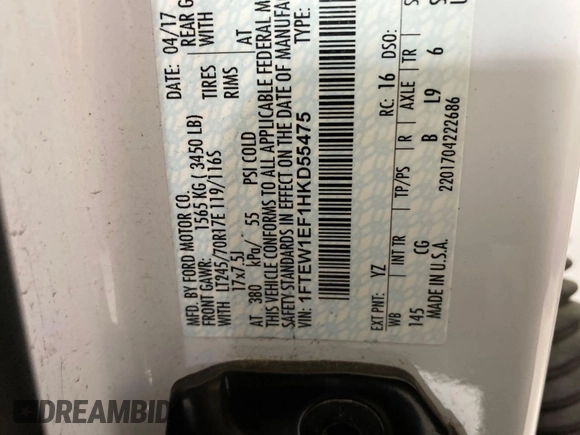 2017 Ford F-150 XL with VIN 1FTEW1EF1HKD55475, listed as a IAAI auction lot 42843480 with 228,497 mi miles and . Bid and sale history available at DreamBid. Image 16.