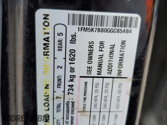 2016 Ford Explorer z VIN 1FM5K7B80GGC85484, wystawiony jako Copart lot #57242715 z przebiegiem Nie podano mil oraz Szkoda całkowita • Salvage title. Historia ofert i sprzedaży dostępna na DreamBid. Obrazek 14.