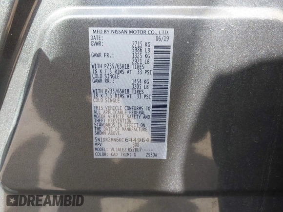 2019 Nissan Pathfinder SV with VIN 5N1DR2MN6KC644964, listed as a IAAI auction lot 41899730 with 70,335 mi miles and . Bid and sale history available at DreamBid. Image 9.