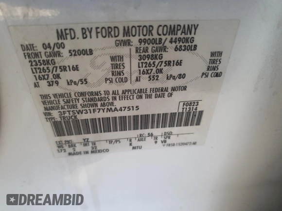 2000 Ford F-350 XL with VIN 3FTSW31F7YMA47515, listed as a Copart auction lot 50176615 with 455,551 mi miles and Clean Title. Bid and sale history available at DreamBid. Image 12.