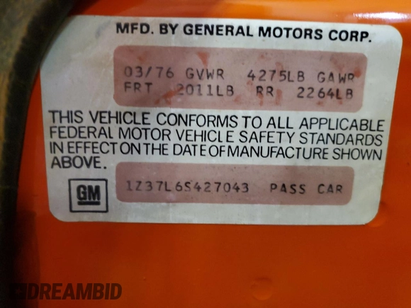 1976 Chevrolet Corvette with VIN 1Z37L6S427043, listed as a Copart auction lot 44618805 with 63,566 mi miles and Clean title. Bid and sale history available at DreamBid. Image 13.