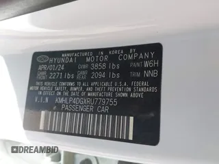 2024 Hyundai Elantra Limited with VIN KMHLP4DGXRU779755, listed as a IAAI auction lot 41818642 with 11,288 mi miles and . Bid and sale history available at DreamBid. Image 9.
