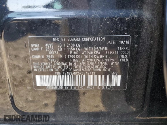 2019 Subaru Outback Limited with VIN 4S4BSANC5K3242713, listed as a Copart auction lot 62823235 with 55,248 mi miles and Salvage title. Bid and sale history available at DreamBid. Image 13.