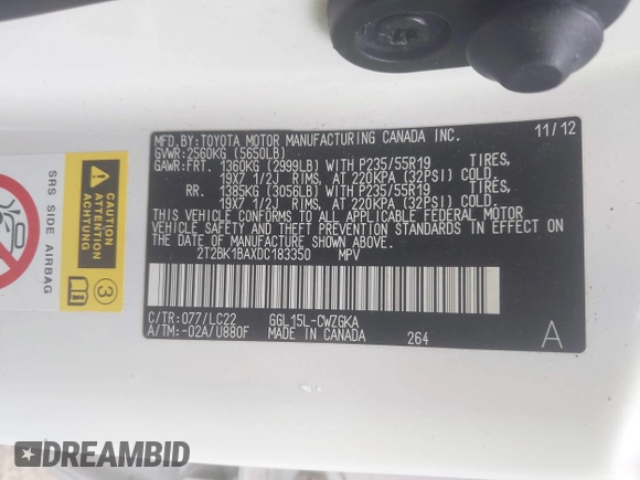 2013 Lexus RX 350 with VIN 2T2BK1BAXDC183350, listed as a IAAI auction lot 42744038 with 118,993 mi miles and . Bid and sale history available at DreamBid. Image 9.