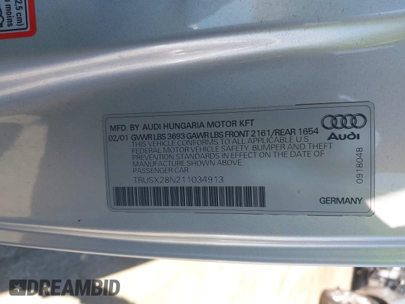 2001 Audi TT z VIN TRUSX28N211034913, wystawiony jako IAAI lot #41855142 z przebiegiem 122 354 mil mil oraz . Historia ofert i sprzedaży dostępna na DreamBid. Obrazek 9.