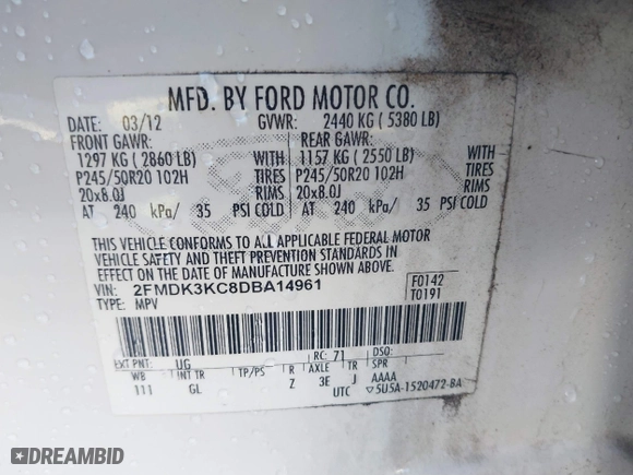 2013 Ford Edge Limited with VIN 2FMDK3KC8DBA14961, listed as a IAAI auction lot 41972921 with 171,828 mi miles. Bid and sale history available at carsss.com. Image 9.