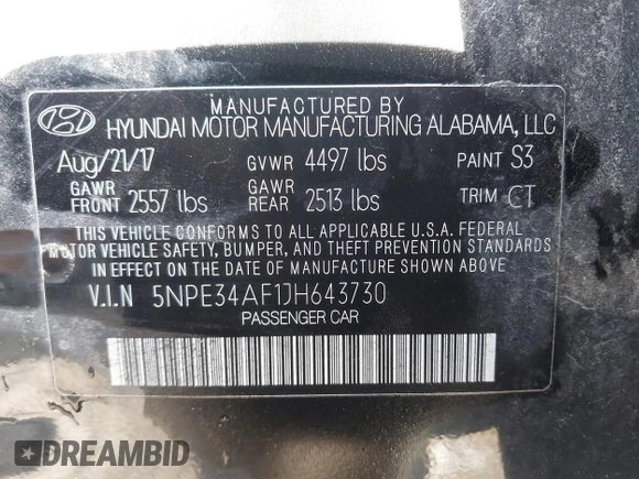2018 Hyundai Sonata SEL with VIN 5NPE34AF1JH643730, listed as a IAAI auction lot 42087230 with 103,804 mi miles and . Bid and sale history available at carsss.com. Image 9.