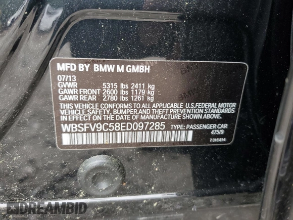2014 BMW M5 z VIN WBSFV9C58ED097285, wystawiony jako Copart lot #55835345 z przebiegiem 108 189 mil mil oraz Szkoda całkowita • Salvage title. Historia ofert i sprzedaży dostępna na DreamBid. Obrazek 12.