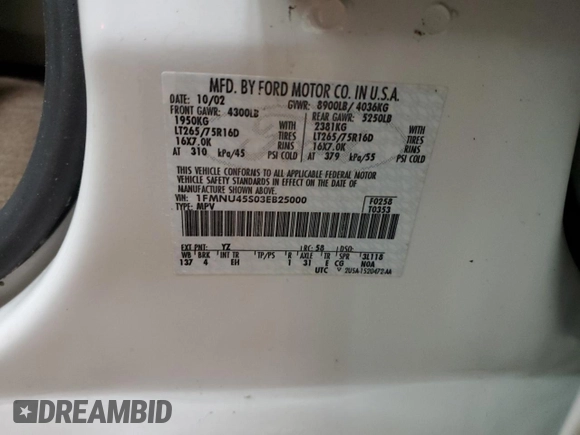2003 Ford Excursion Eddie Bauer z VIN 1FMNU45S03EB25000, wystawiony jako Copart lot #78908554 z przebiegiem 110 284 mil mil oraz Szkoda całkowita • Salvage title. Historia ofert i sprzedaży dostępna na DreamBid. Obrazek 13.