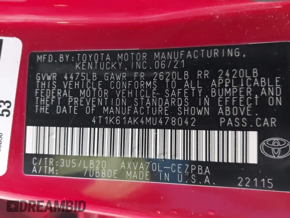 2021 Toyota Camry XSE z VIN 4T1K61AK4MU478042, wystawiony jako IAAI lot #41526408 z przebiegiem 106 937 mil mil oraz . Historia ofert i sprzedaży dostępna na DreamBid. Obrazek 9.