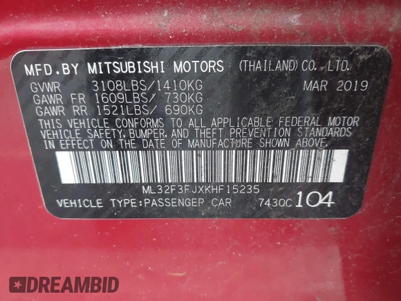 2019 Mitsubishi Mirage ES z VIN ML32F3FJXKHF15235, wystawiony jako IAAI lot #41590832 z przebiegiem 46 193 mil mil oraz . Historia ofert i sprzedaży dostępna na DreamBid. Obrazek 9.