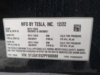 2023 Tesla Model S with VIN 5YJSA1E52PF500088, listed as a IAAI auction lot 41372918 with Not provided miles and . Bid and sale history available at DreamBid. Image 9.