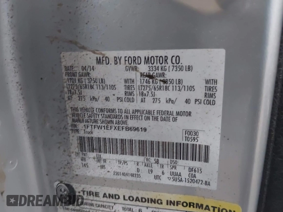 2014 Ford F-150 XL with VIN 1FTFW1EFXEFB69619, listed as a IAAI auction lot 41360500 with 196,708 mi miles and . Bid and sale history available at carsss.com. Image 9.