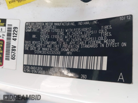 2013 Toyota Sienna XLE AAS z VIN 5TDYK3DC4DS305068, wystawiony jako IAAI lot #40909667 z przebiegiem 227 746 mil mil oraz . Historia ofert i sprzedaży dostępna na DreamBid. Obrazek 9.