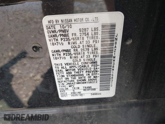 2011 Nissan Murano S with VIN JN8AZ1MW3BW156312, listed as a IAAI auction lot 42202532 with 121,505 mi miles and . Bid and sale history available at DreamBid. Image 9.