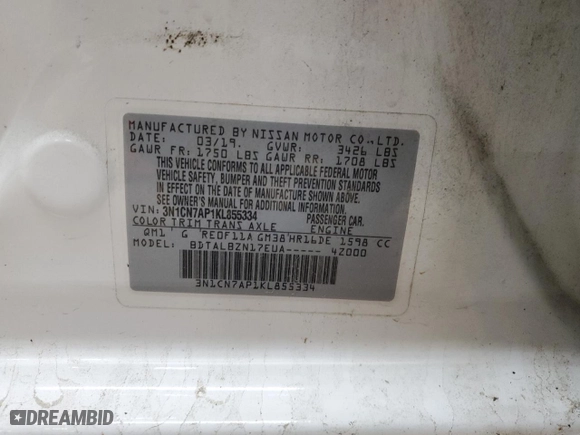 2019 Nissan Versa Sedan SV with VIN 3N1CN7AP1KL855334, listed as a Copart auction lot 43180095 with 138,950 mi miles and Salvage Title. Bid and sale history available at carsss.com. Image 12.