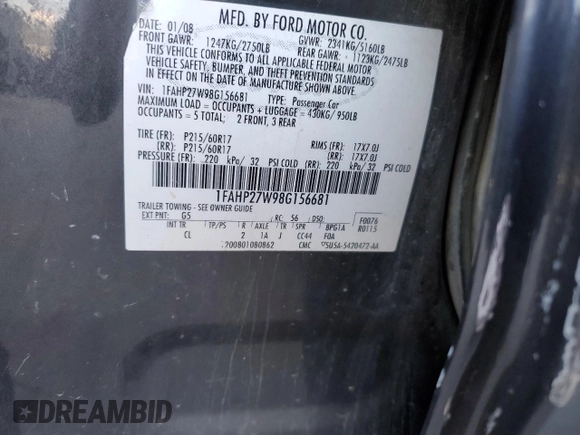 2008 Ford Taurus SEL with VIN 1FAHP27W98G156681, listed as a Copart auction lot 42649855 with 254,020 mi miles and Salvage Title. Bid and sale history available at carsss.com. Image 12.