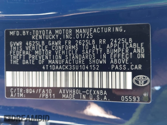 2025 Toyota Camry LE with VIN 4T1DAACK3SU104152, listed as a IAAI auction lot 42039337 with 1,423 mi miles and . Bid and sale history available at DreamBid. Image 9.