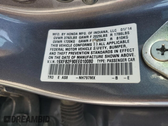 2014 Honda Civic EX-L with VIN 19XFB2F90EE010080, listed as a Copart auction lot 52307055 with 284,203 mi miles and Salvage Title. Bid and sale history available at DreamBid. Image 14.