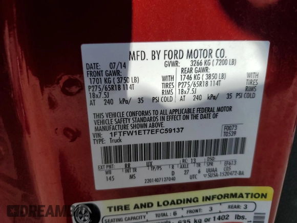 2014 Ford F-150 XL с VIN 1FTFW1ET7EFC59137, выставлен на аукционе Copart как лот 65973915 с пробегом 202 680 миль миль и Чистый • Clean title. История ставок и продаж доступна на DreamBid. Изображение 12.