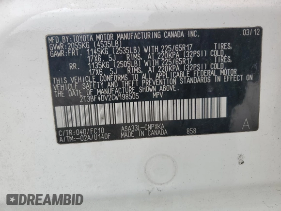 2012 Toyota RAV4 with VIN 2T3BF4DV2CW198505, listed as a Copart auction lot 45414955 with 273,974 mi miles and Salvage title. Bid and sale history available at DreamBid. Image 15.