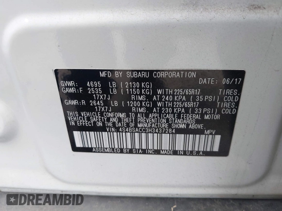 2017 Subaru Outback Premium с VIN 4S4BSACC3H3437284, выставлен на аукционе IAAI как лот 42338964 с пробегом 151 998 миль миль и . История ставок и продаж доступна на DreamBid. Изображение 9.