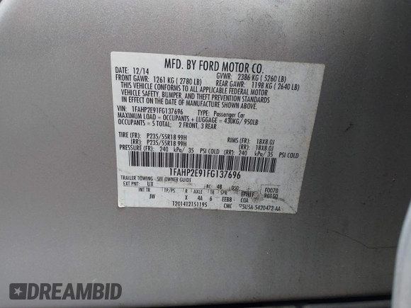 2015 Ford Taurus SEL with VIN 1FAHP2E91FG137696, listed as a IAAI auction lot 42168950 with 81,050 mi miles and . Bid and sale history available at DreamBid. Image 9.
