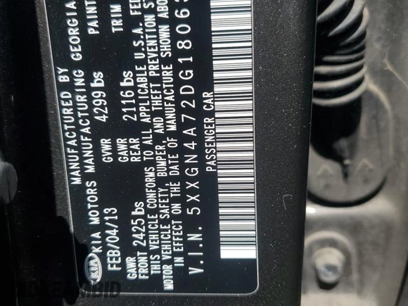 2013 Kia Optima EX с VIN 5XXGN4A72DG180637, выставлен на аукционе Copart как лот 66261835 с пробегом Не указан миль и Списание • Salvage title. История ставок и продаж доступна на DreamBid. Изображение 12.
