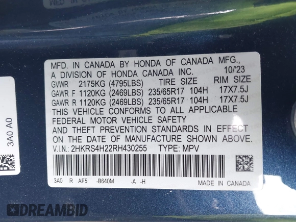 2024 Honda CR-V LX with VIN 2HKRS4H22RH430255, listed as a IAAI auction lot 41367668 with Not Provided miles and . Bid and sale history available at DreamBid. Image 9.