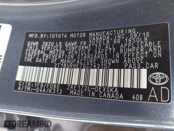 2016 Toyota Corolla L z VIN 2T1BURHE7GC743157, wystawiony jako IAAI lot #42326013 z przebiegiem 108 961 mil mil oraz . Historia ofert i sprzedaży dostępna na DreamBid. Obrazek 9.