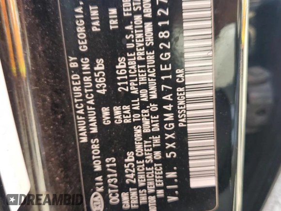 2014 Kia Optima LX with VIN 5XXGM4A71EG281270, listed as a Copart auction lot 52617445 with Not Provided miles and Salvage Title. Bid and sale history available at carsss.com. Image 14.