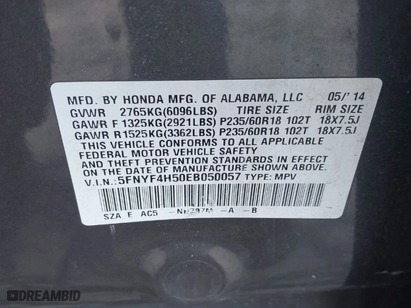 2014 Honda Pilot EX-L with VIN 5FNYF4H50EB050057, listed as a IAAI auction lot 41737072 with 198,749 mi miles. Bid and sale history available at carsss.com. Image 9.