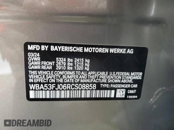 2024 BMW 5 Series 530i xDrive with VIN WBA53FJ06RCS08858, listed as a Copart auction lot 73521784 with 4,823 mi miles and Clean Title. Bid and sale history available at carsss.com. Image 12.