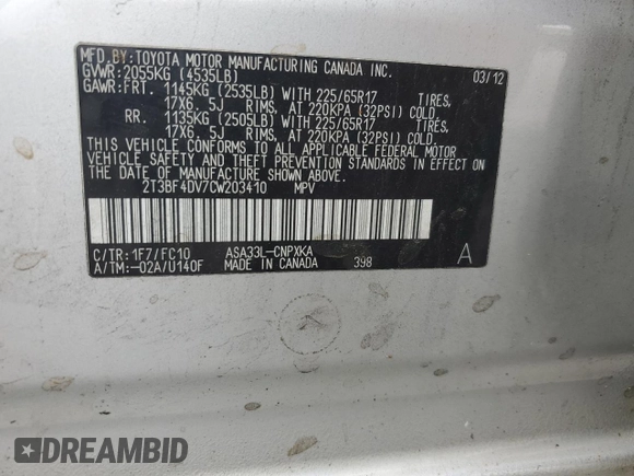 2012 Toyota RAV4 with VIN 2T3BF4DV7CW203410, listed as a Copart auction lot 59711265 with 171,812 mi miles and Salvage title. Bid and sale history available at DreamBid. Image 14.