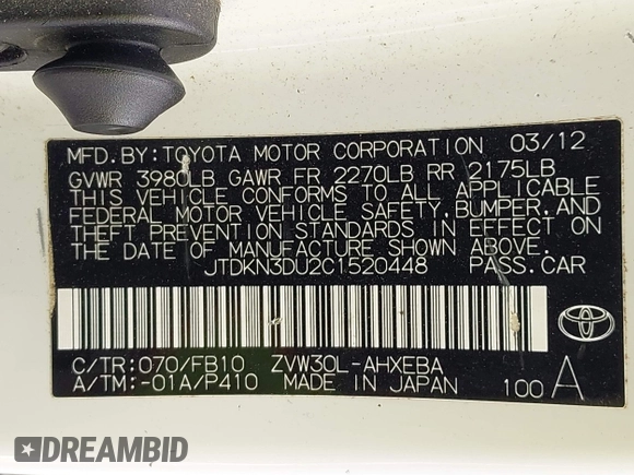2012 Toyota Prius One with VIN JTDKN3DU2C1520448, listed as a IAAI auction lot 42108210 with 141,657 mi miles. Bid and sale history available at carsss.com. Image 9.