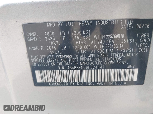2017 Subaru Outback Limited with VIN 4S4BSENC6H3241411, listed as a IAAI auction lot 42156597 with 70,326 mi miles and . Bid and sale history available at DreamBid. Image 9.