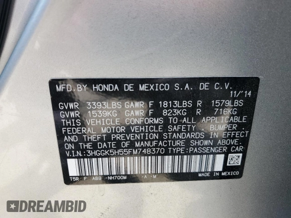 2015 Honda Fit LX with VIN 3HGGK5H55FM748370, listed as a Copart auction lot 61524455 with 87,235 mi miles and Salvage title. Bid and sale history available at DreamBid. Image 12.