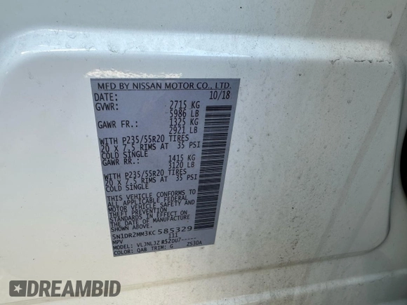 2019 Nissan Pathfinder S with VIN 5N1DR2MM3KC585329, listed as a Copart auction lot 52754905 with 188,772 mi miles and Clean title. Bid and sale history available at DreamBid. Image 10.