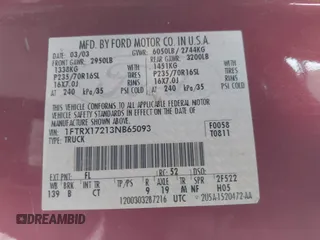 2003 Ford F-150 XL with VIN 1FTRX17213NB65093, listed as a IAAI auction lot 41568065 with 286,293 mi miles. Bid and sale history available at carsss.com. Image 9.