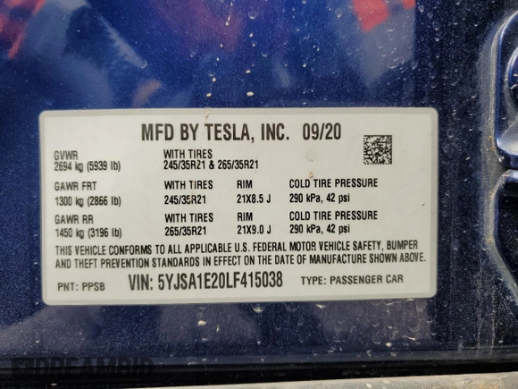 2020 Tesla Model S Long Range with VIN 5YJSA1E20LF415038, listed as a Copart auction lot 48950225 with 61,946 mi miles and Salvage title. Bid and sale history available at DreamBid. Image 13.
