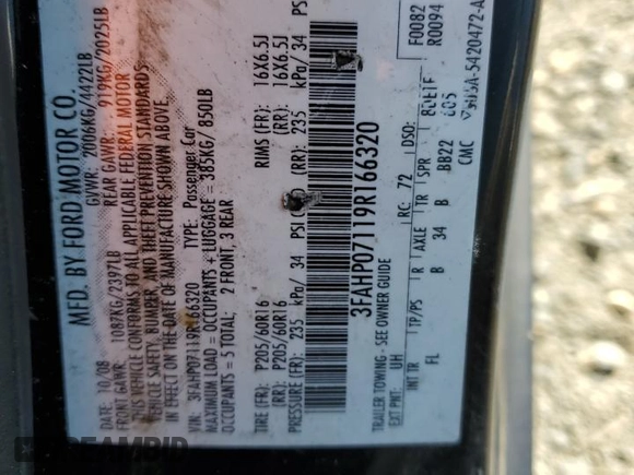 2009 Ford Fusion SE with VIN 3FAHP07119R166320, listed as a Copart auction lot 48591705 with 205,813 mi miles and Salvage Title. Bid and sale history available at carsss.com. Image 12.