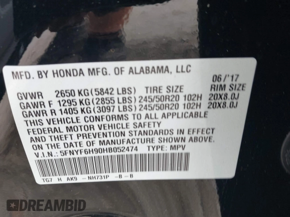 2017 Honda Pilot Touring with VIN 5FNYF6H90HB052474, listed as a IAAI auction lot 42291464 with 103,288 mi miles and . Bid and sale history available at DreamBid. Image 9.