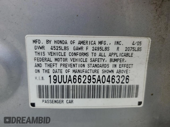 2005 Acura TL with VIN 19UUA66295A046326, listed as a Copart auction lot 54550935 with 166,408 mi miles and Salvage Title. Bid and sale history available at carsss.com. Image 12.