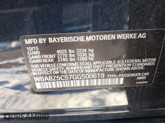 2016 BMW 3 Series 328i xDrive with VIN WBA8Z5C57GG500619, listed as a IAAI auction lot 41287768 with 62,326 mi miles and . Bid and sale history available at carsss.com. Image 9.