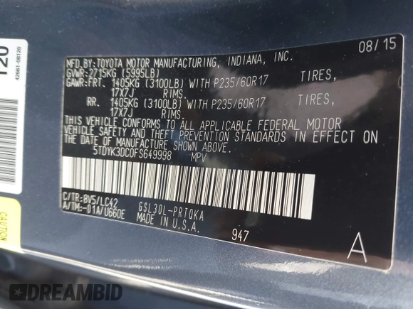 2015 Toyota Sienna XLE with VIN 5TDYK3DC0FS649998, listed as a IAAI auction lot 42531828 with 111,539 mi miles and . Bid and sale history available at DreamBid. Image 9.