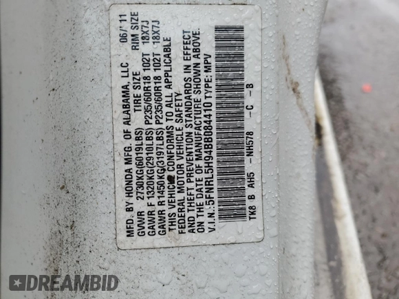 2011 Honda Odyssey Touring Elite with VIN 5FNRL5H94BB084410, listed as a Copart auction lot 48333585 with 223,851 mi miles and Salvage Title. Bid and sale history available at DreamBid. Image 13.