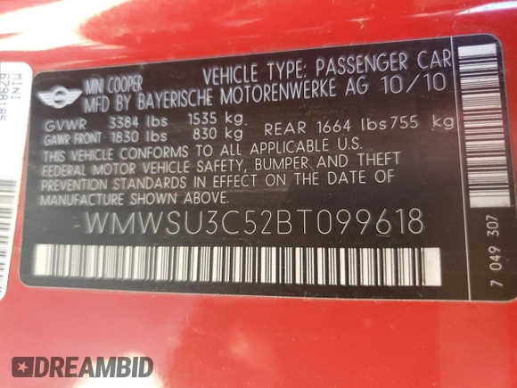 2011 MINI Hardtop z VIN WMWSU3C52BT099618, wystawiony jako Copart lot #57863215 z przebiegiem 98 302 mil mil oraz Tytuł czysty. Historia ofert i sprzedaży dostępna na DreamBid. Obrazek 12.